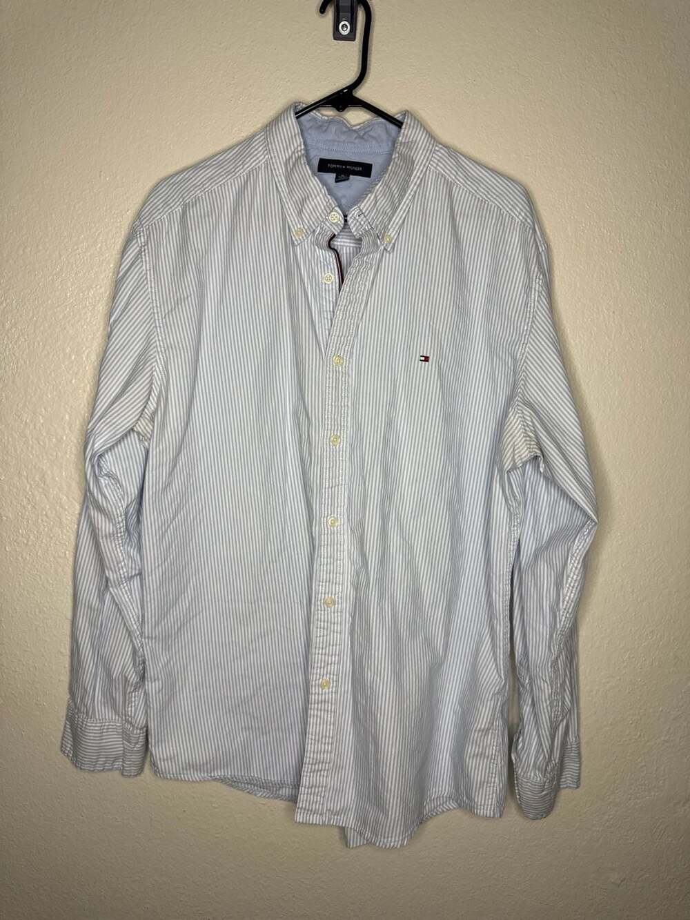 Tommy Hilfiger Men's Light Blue and White Striped Long Sleeve Button-